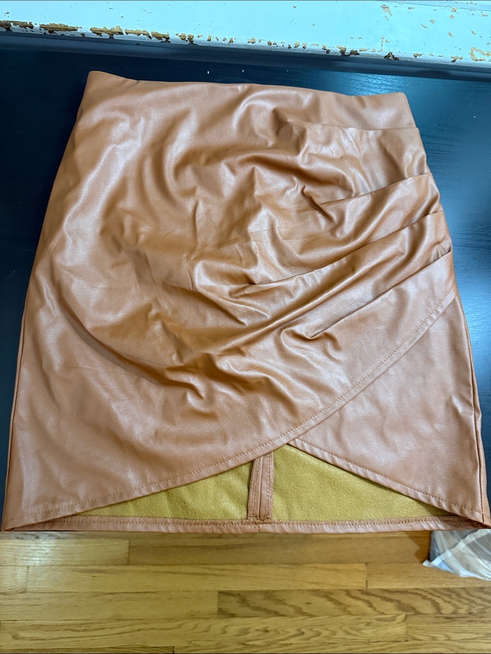 Ruched Faux Leather Mini Skirt in Camel/Tan